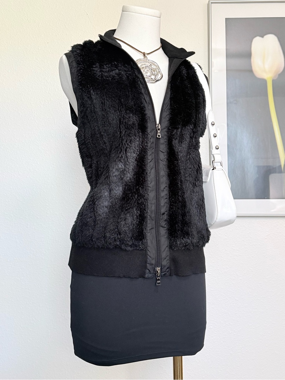 Vintage Vien Faux Fur Silk & Cashmere Knit Double Zip Vest 90s Femme Classic